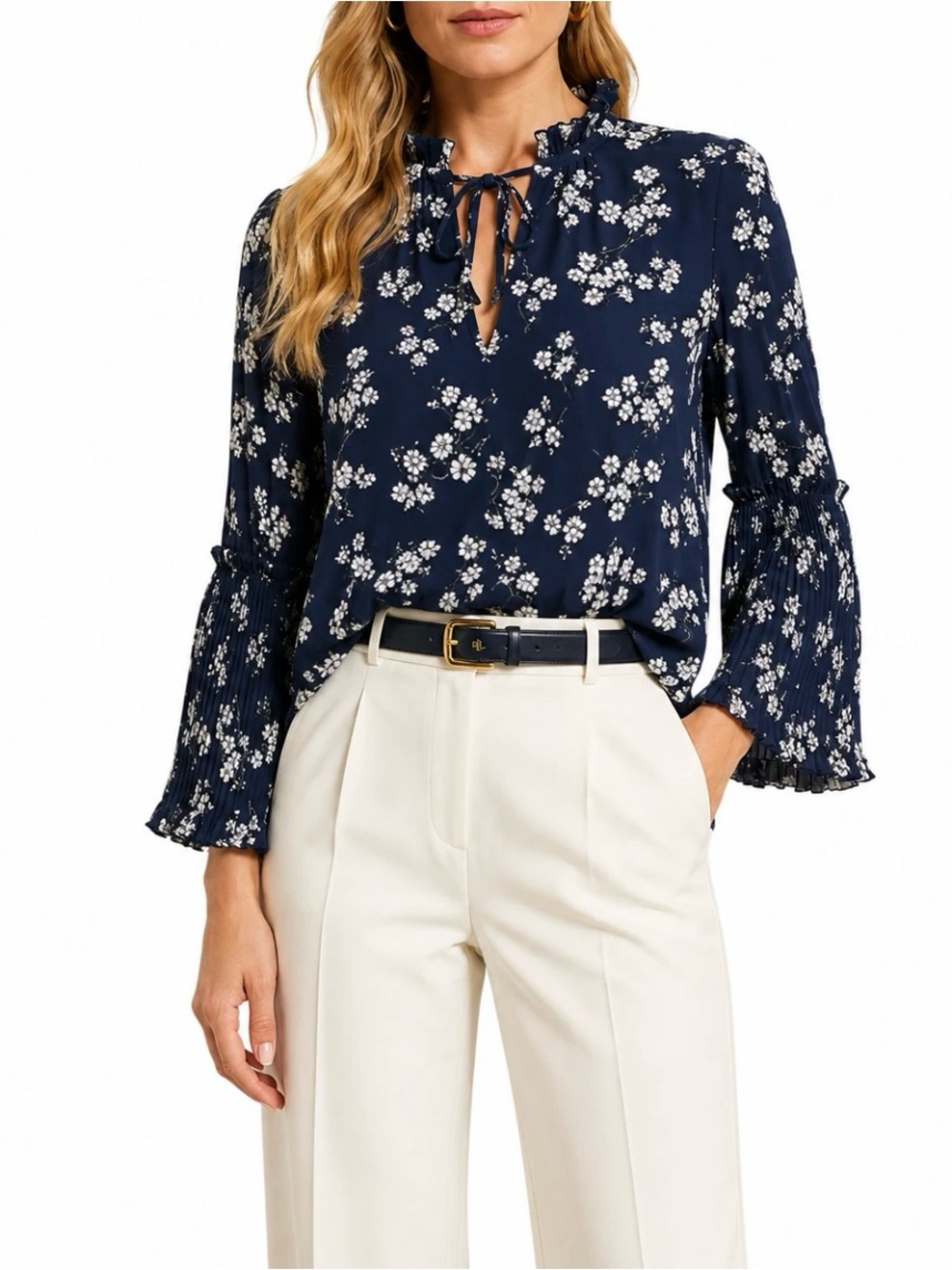 Lauren Ralph Lauren Womens L Blue Floral Blouse Tie Neck Pleated Long Sleeve Top